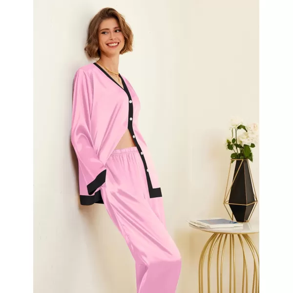 Ekouaer Satin Pajamas for Women Long Sleeve Pajamas Sets Soft Sleepwear Button Down Pj Set with PocketsSXXLPink