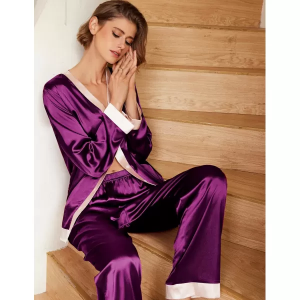 Ekouaer Satin Pajamas for Women Long Sleeve Pajamas Sets Soft Sleepwear Button Down Pj Set with PocketsSXXLPurple