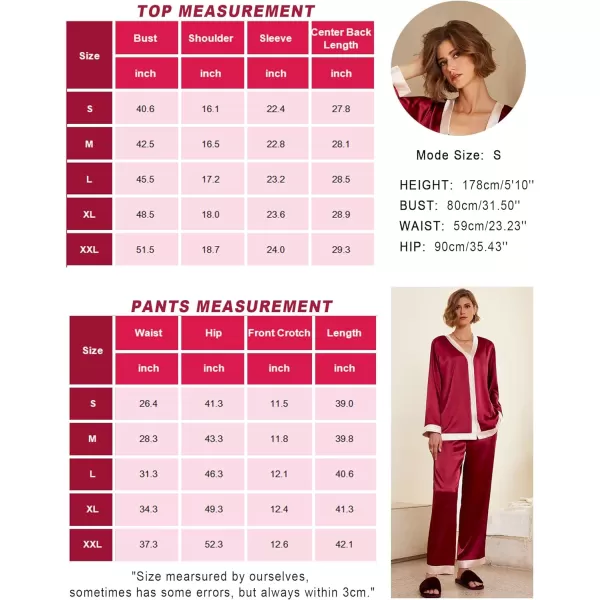 Ekouaer Satin Pajamas for Women Long Sleeve Pajamas Sets Soft Sleepwear Button Down Pj Set with PocketsSXXLWine Red