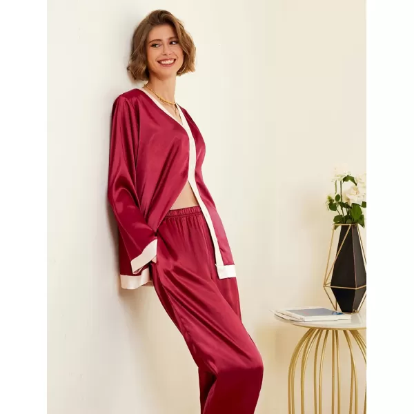 Ekouaer Satin Pajamas for Women Long Sleeve Pajamas Sets Soft Sleepwear Button Down Pj Set with PocketsSXXLWine Red