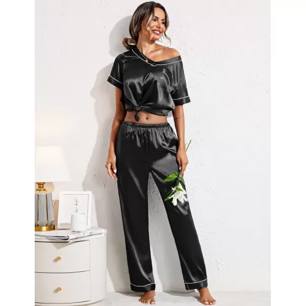 Ekouaer Satin Pajamas for Women Short Sleeve Silk Pajama Sets Soft Sleepwear Top with Causal Long Pj PantBlack