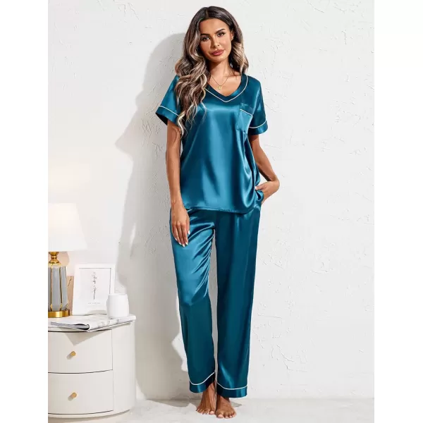 Ekouaer Satin Pajamas for Women Short Sleeve Silk Pajama Sets Soft Sleepwear Top with Causal Long Pj PantBlue