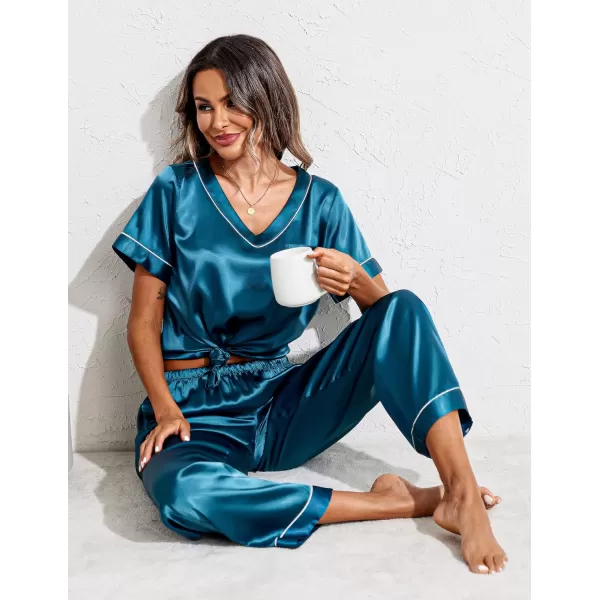 Ekouaer Satin Pajamas for Women Short Sleeve Silk Pajama Sets Soft Sleepwear Top with Causal Long Pj PantBlue