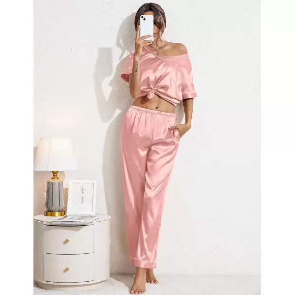 Ekouaer Satin Pajamas for Women Short Sleeve Silk Pajama Sets Soft Sleepwear Top with Causal Long Pj PantDark Pink