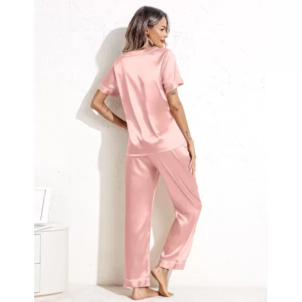 Ekouaer Satin Pajamas for Women Short Sleeve Silk Pajama Sets Soft Sleepwear Top with Causal Long Pj PantDark Pink