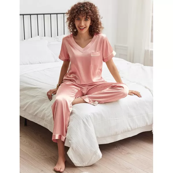 Ekouaer Satin Pajamas for Women Short Sleeve Silk Pajama Sets Soft Sleepwear Top with Causal Long Pj PantDark Pink