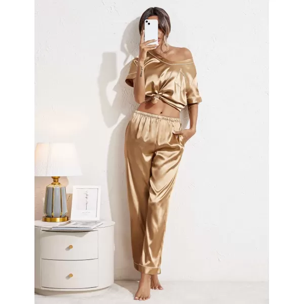 Ekouaer Satin Pajamas for Women Short Sleeve Silk Pajama Sets Soft Sleepwear Top with Causal Long Pj PantGold