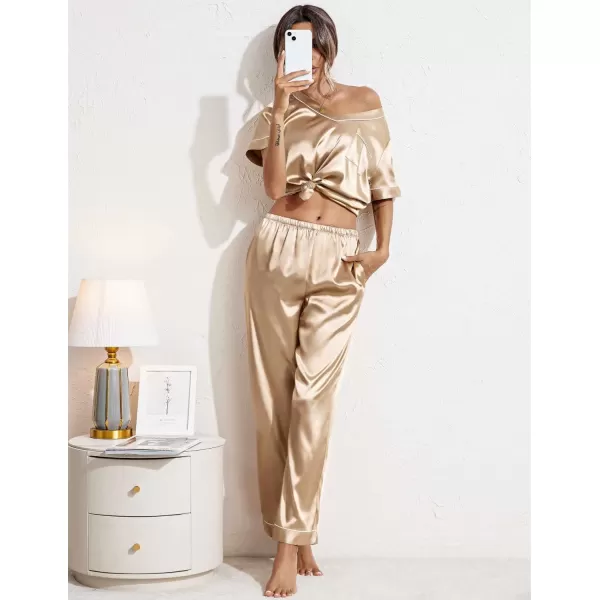 Ekouaer Satin Pajamas for Women Short Sleeve Silk Pajama Sets Soft Sleepwear Top with Causal Long Pj PantLight Coffee