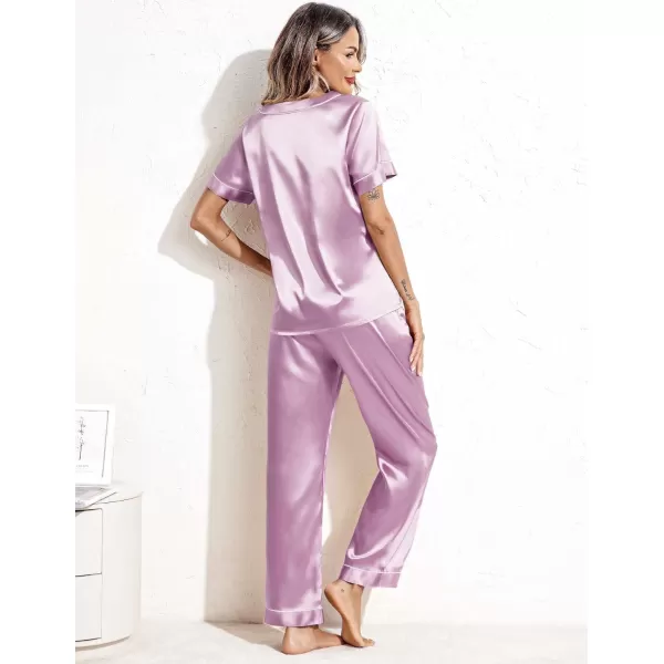 Ekouaer Satin Pajamas for Women Short Sleeve Silk Pajama Sets Soft Sleepwear Top with Causal Long Pj PantLilac