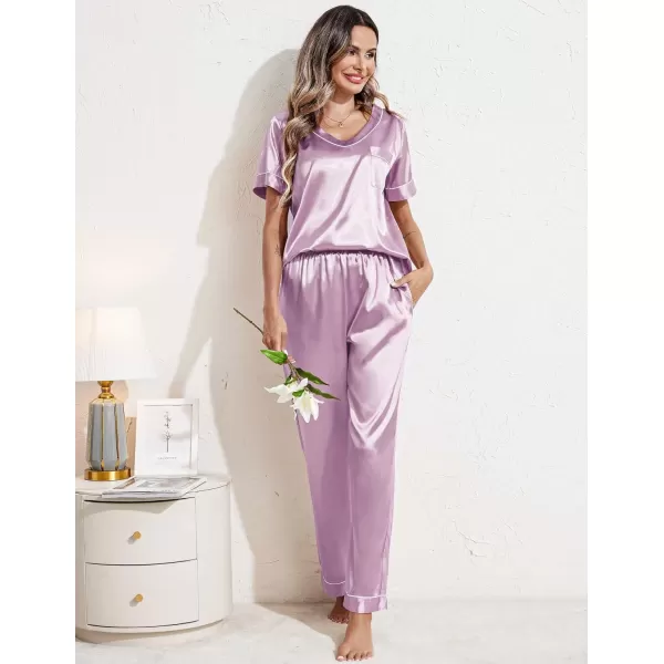 Ekouaer Satin Pajamas for Women Short Sleeve Silk Pajama Sets Soft Sleepwear Top with Causal Long Pj PantLilac