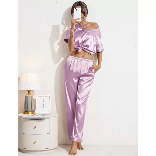 Ekouaer Satin Pajamas for Women Short Sleeve Silk Pajama Sets Soft Sleepwear Top with Causal Long Pj PantLilac