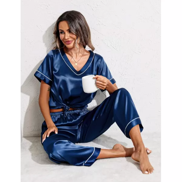 Ekouaer Satin Pajamas for Women Short Sleeve Silk Pajama Sets Soft Sleepwear Top with Causal Long Pj PantNavy Blue