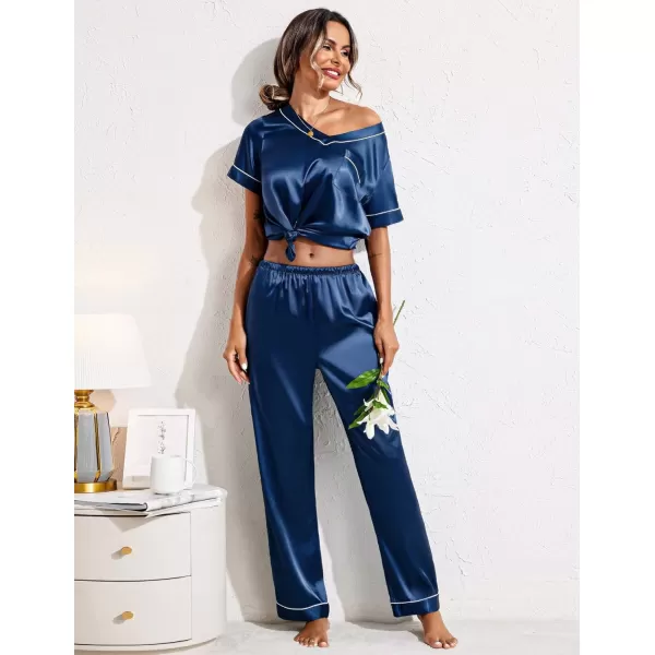 Ekouaer Satin Pajamas for Women Short Sleeve Silk Pajama Sets Soft Sleepwear Top with Causal Long Pj PantNavy Blue