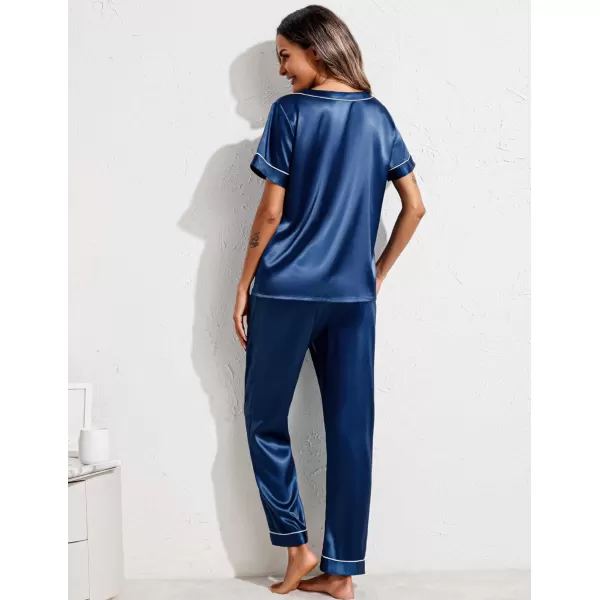 Ekouaer Satin Pajamas for Women Short Sleeve Silk Pajama Sets Soft Sleepwear Top with Causal Long Pj PantNavy Blue