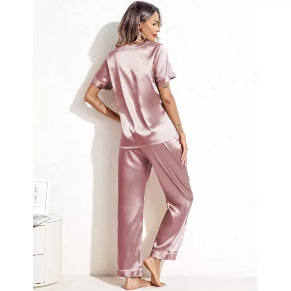 Ekouaer Satin Pajamas for Women Short Sleeve Silk Pajama Sets Soft Sleepwear Top with Causal Long Pj PantPink