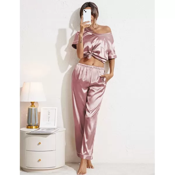 Ekouaer Satin Pajamas for Women Short Sleeve Silk Pajama Sets Soft Sleepwear Top with Causal Long Pj PantPink