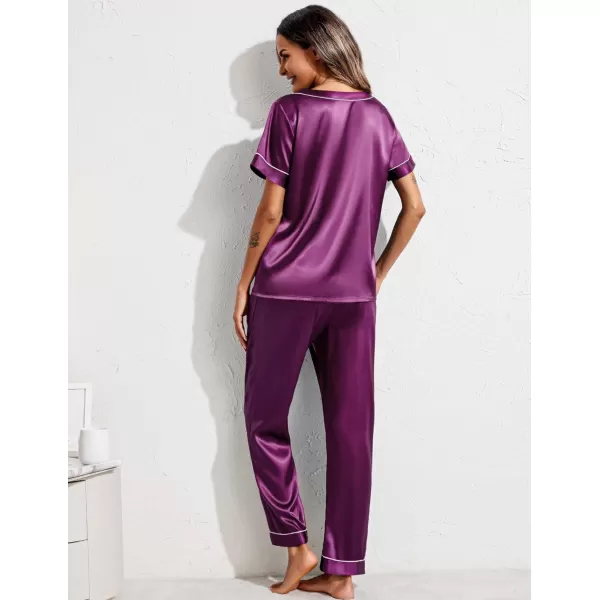 Ekouaer Satin Pajamas for Women Short Sleeve Silk Pajama Sets Soft Sleepwear Top with Causal Long Pj PantPurple