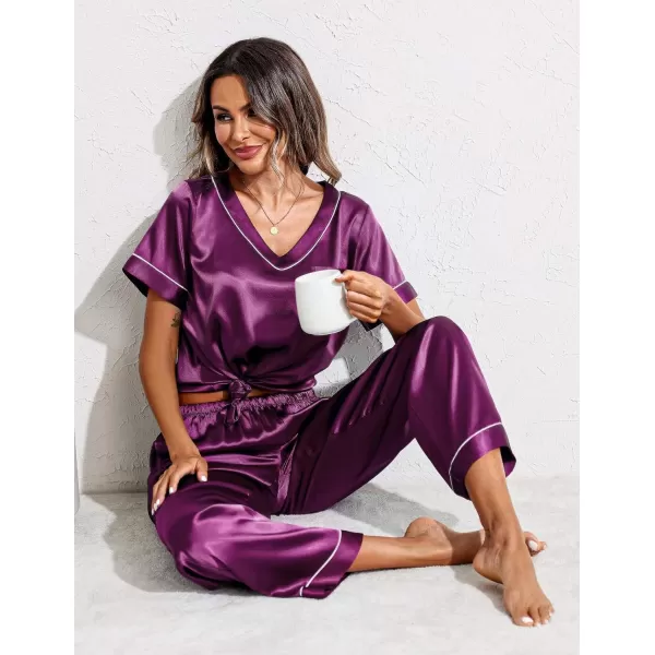 Ekouaer Satin Pajamas for Women Short Sleeve Silk Pajama Sets Soft Sleepwear Top with Causal Long Pj PantPurple