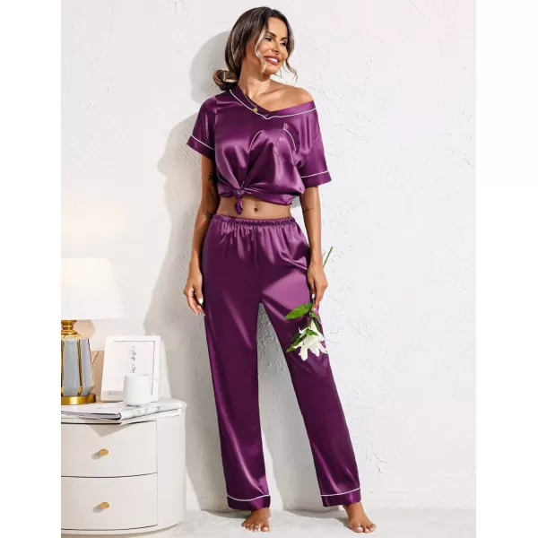 Ekouaer Satin Pajamas for Women Short Sleeve Silk Pajama Sets Soft Sleepwear Top with Causal Long Pj PantPurple