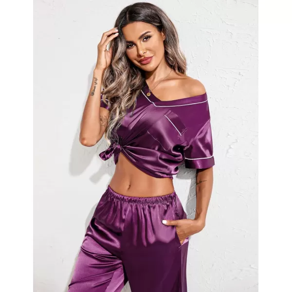 Ekouaer Satin Pajamas for Women Short Sleeve Silk Pajama Sets Soft Sleepwear Top with Causal Long Pj PantPurple