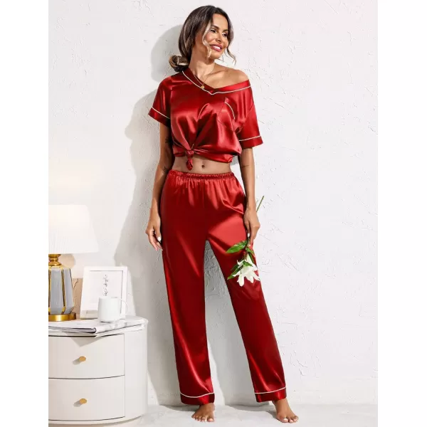 Ekouaer Satin Pajamas for Women Short Sleeve Silk Pajama Sets Soft Sleepwear Top with Causal Long Pj PantRed