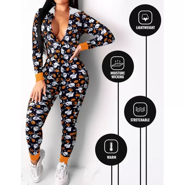 Ekouaer Sexy Onesie for Women Fall Cute Long Sleeve Hooded Pajamas Romper V Neck ZipUp Thin Knitted One PieceBlack  Halloween Pumpkin