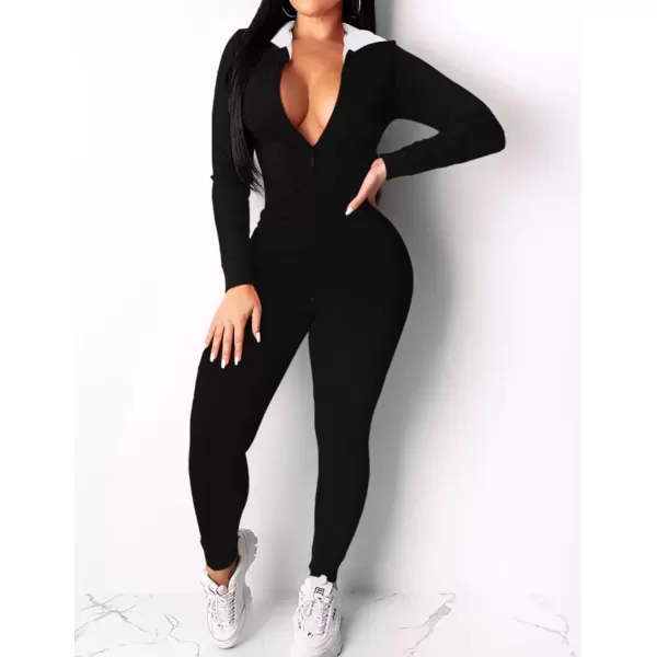 Ekouaer Sexy Onesie for Women Fall Cute Long Sleeve Hooded Pajamas Romper V Neck ZipUp Thin Knitted One PieceBlack