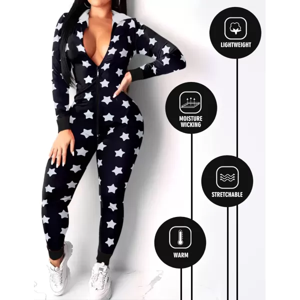 Ekouaer Sexy Onesie for Women Fall Cute Long Sleeve Hooded Pajamas Romper V Neck ZipUp Thin Knitted One PieceBlackstars