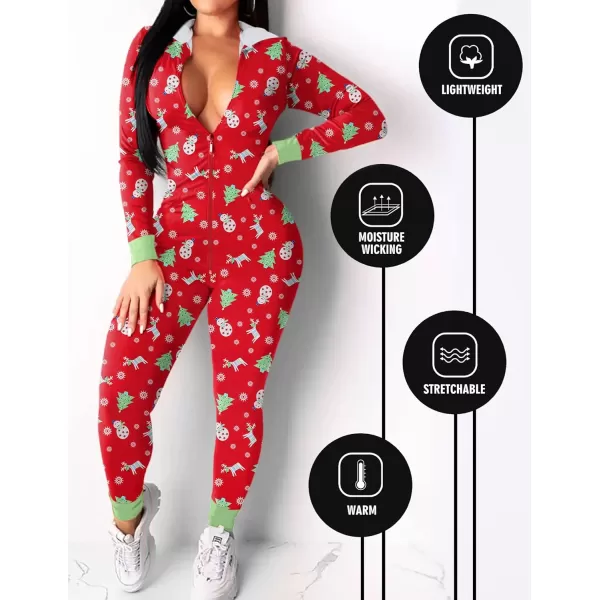 Ekouaer Sexy Onesie for Women Fall Cute Long Sleeve Hooded Pajamas Romper V Neck ZipUp Thin Knitted One PieceRed  Christmas Tree