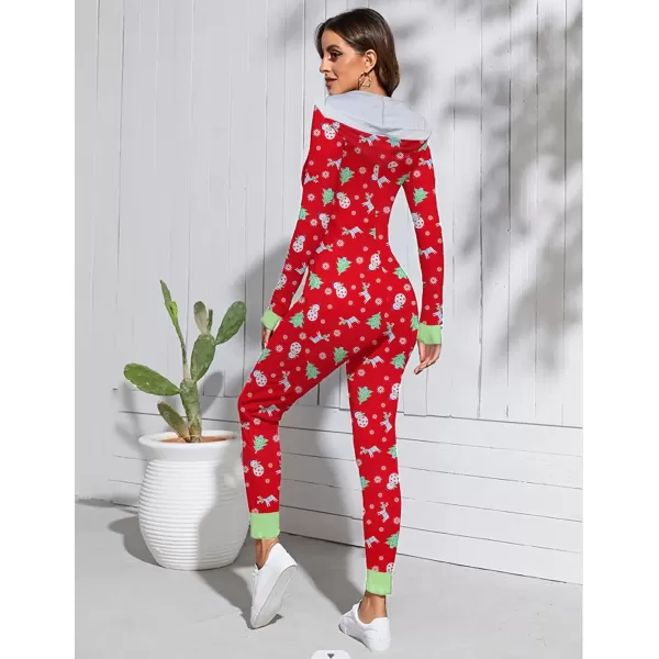 Ekouaer Sexy Onesie for Women Fall Cute Long Sleeve Hooded Pajamas Romper V Neck ZipUp Thin Knitted One PieceRed  Christmas Tree