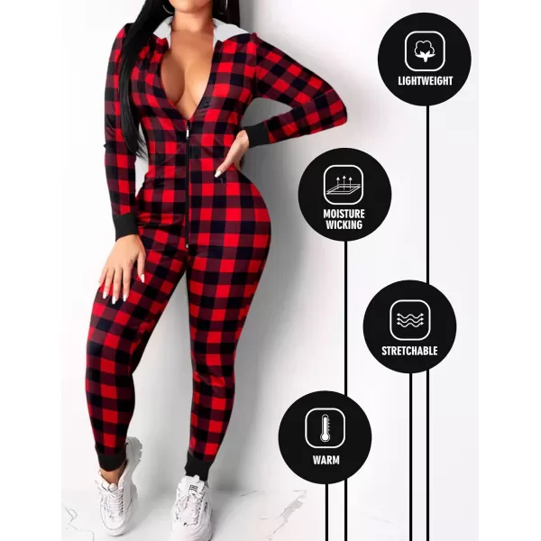 Ekouaer Sexy Onesie for Women Fall Cute Long Sleeve Hooded Pajamas Romper V Neck ZipUp Thin Knitted One PieceRedplaid