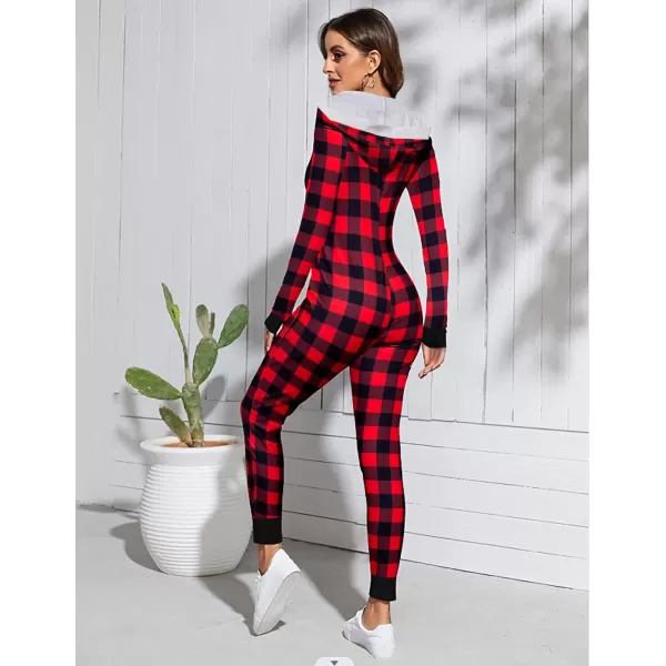 Ekouaer Sexy Onesie for Women Fall Cute Long Sleeve Hooded Pajamas Romper V Neck ZipUp Thin Knitted One PieceRedplaid