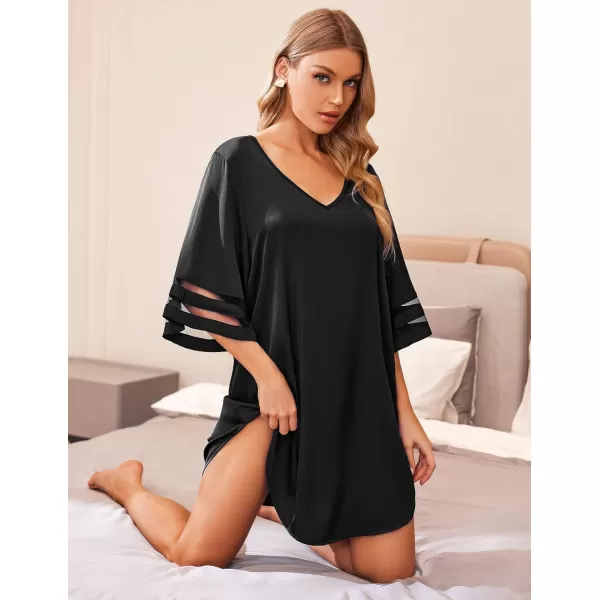 Ekouaer Silk Nightgown for Women 34 Sleeves Satin Sleep Shirt V Neck Knee Length Sleep DressBlack