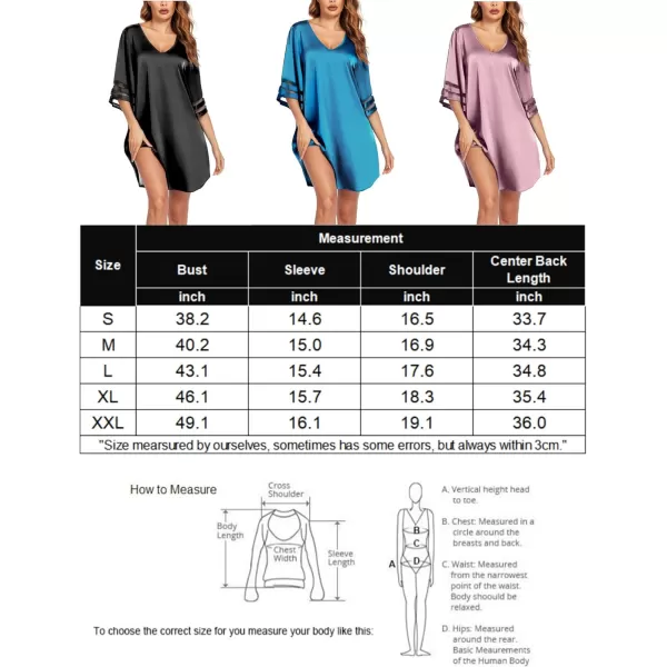 Ekouaer Silk Nightgown for Women 34 Sleeves Satin Sleep Shirt V Neck Knee Length Sleep DressBlack