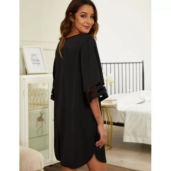 Ekouaer Silk Nightgown for Women 34 Sleeves Satin Sleep Shirt V Neck Knee Length Sleep DressBlack