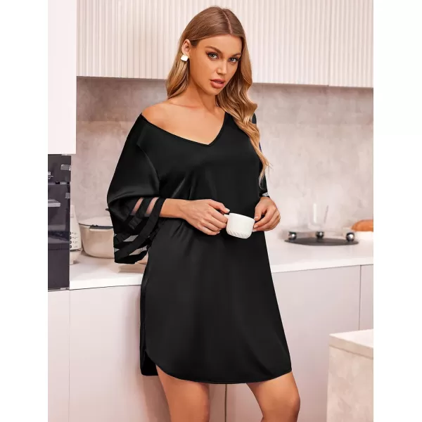 Ekouaer Silk Nightgown for Women 34 Sleeves Satin Sleep Shirt V Neck Knee Length Sleep DressBlack