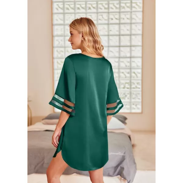 Ekouaer Silk Nightgown for Women 34 Sleeves Satin Sleep Shirt V Neck Knee Length Sleep DressDark Green