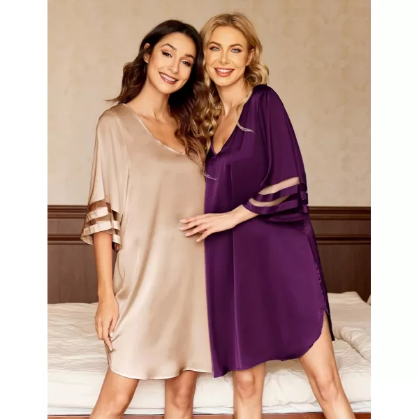 Ekouaer Silk Nightgown for Women 34 Sleeves Satin Sleep Shirt V Neck Knee Length Sleep DressKhaki