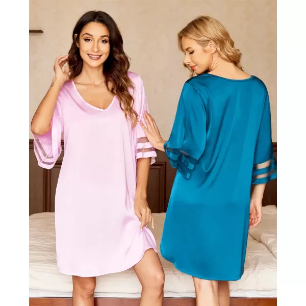 Ekouaer Silk Nightgown for Women 34 Sleeves Satin Sleep Shirt V Neck Knee Length Sleep DressPink