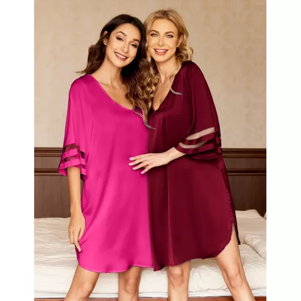 Ekouaer Silk Nightgown for Women 34 Sleeves Satin Sleep Shirt V Neck Knee Length Sleep DressRose Red