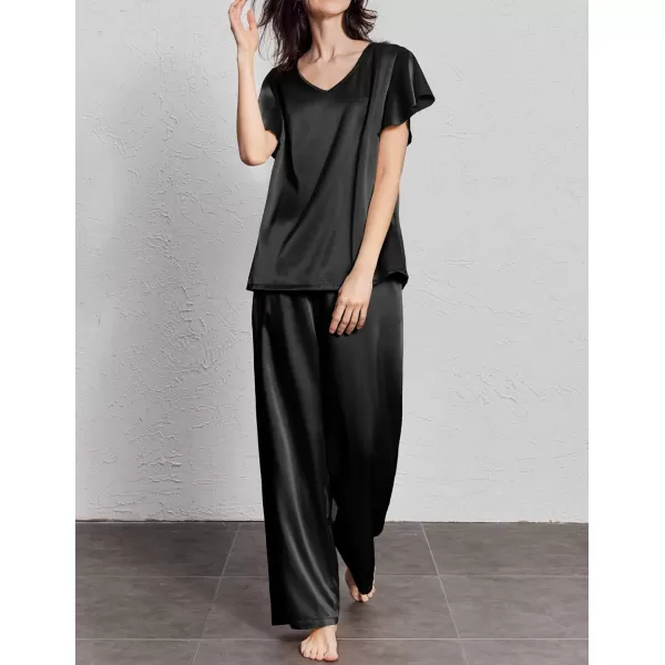 Ekouaer Silk Pajamas Satin 2 Piece Short Sleeve Top and Long Pants Pj Sets Silky Lounge Sets for WomenBlack