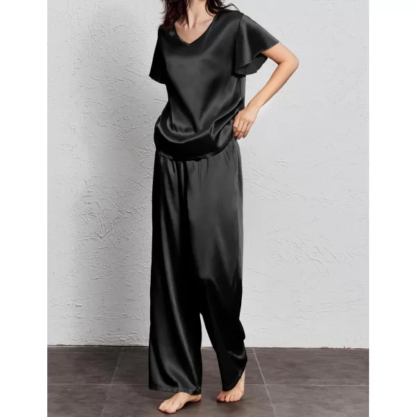 Ekouaer Silk Pajamas Satin 2 Piece Short Sleeve Top and Long Pants Pj Sets Silky Lounge Sets for WomenBlack