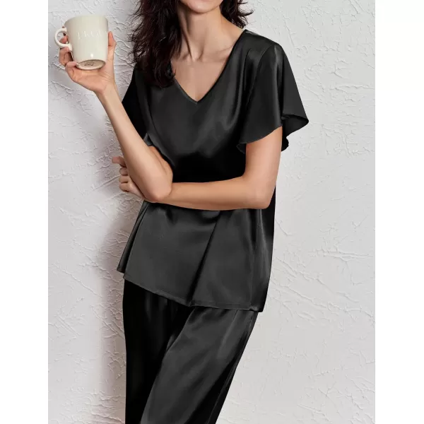 Ekouaer Silk Pajamas Satin 2 Piece Short Sleeve Top and Long Pants Pj Sets Silky Lounge Sets for WomenBlack