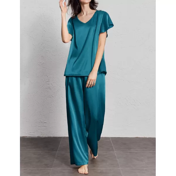 Ekouaer Silk Pajamas Satin 2 Piece Short Sleeve Top and Long Pants Pj Sets Silky Lounge Sets for WomenBlue Green