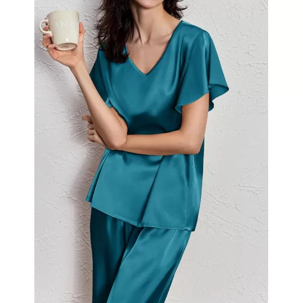 Ekouaer Silk Pajamas Satin 2 Piece Short Sleeve Top and Long Pants Pj Sets Silky Lounge Sets for WomenBlue Green