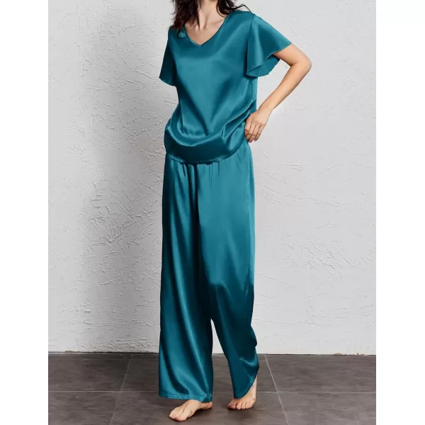 Ekouaer Silk Pajamas Satin 2 Piece Short Sleeve Top and Long Pants Pj Sets Silky Lounge Sets for WomenBlue Green