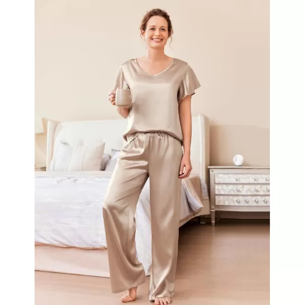 Ekouaer Silk Pajamas Satin 2 Piece Short Sleeve Top and Long Pants Pj Sets Silky Lounge Sets for WomenChampagne