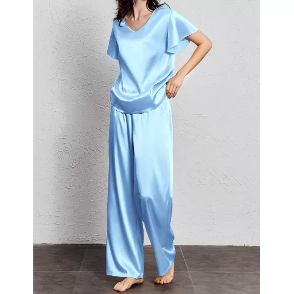 Ekouaer Silk Pajamas Satin 2 Piece Short Sleeve Top and Long Pants Pj Sets Silky Lounge Sets for WomenClear Blue