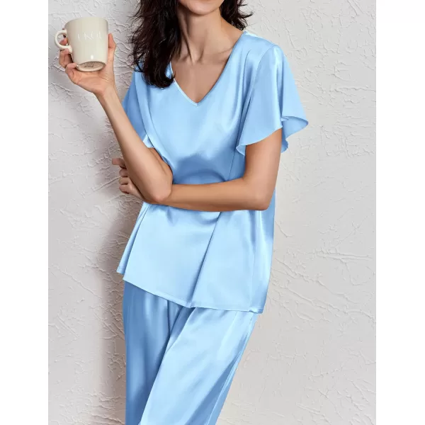 Ekouaer Silk Pajamas Satin 2 Piece Short Sleeve Top and Long Pants Pj Sets Silky Lounge Sets for WomenClear Blue