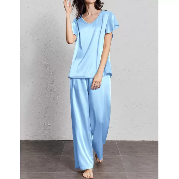 Ekouaer Silk Pajamas Satin 2 Piece Short Sleeve Top and Long Pants Pj Sets Silky Lounge Sets for WomenClear Blue